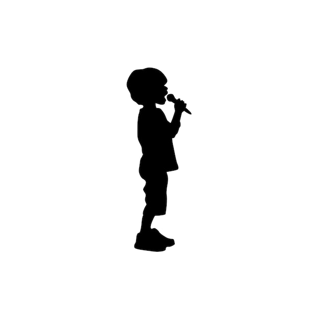 Vecteur un enfant qui chante du karaoké, un enfant avec un micro qui chante une silhouette noire.