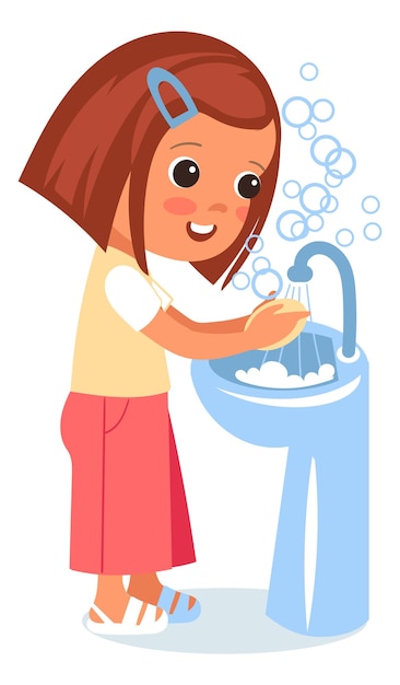 Vecteur enfant se lavant la main dans l'évier avec des bulles de savon autour