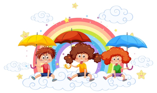 Enfants Assis Sur Un Nuage Avec Arc-en-ciel