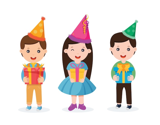 Enfants Avec Boîte-cadeau Célébrant Une Illustration Vectorielle De Fête D'anniversaire