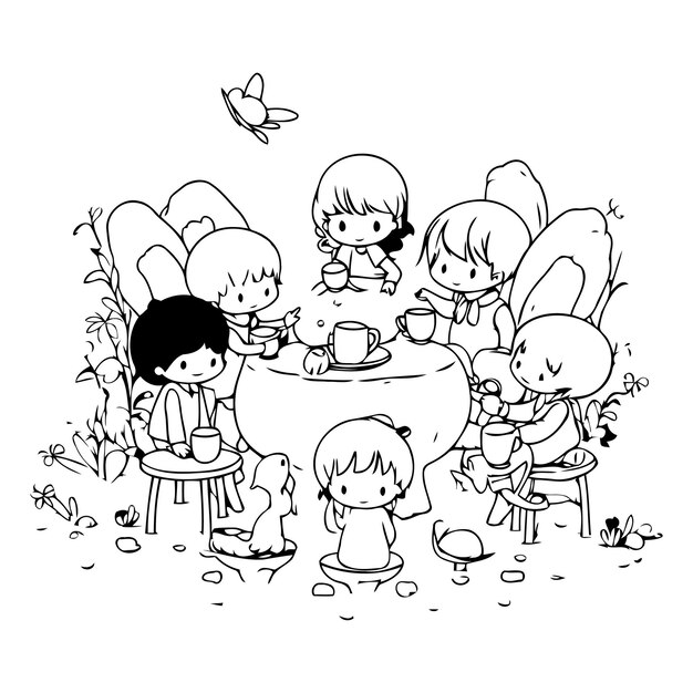 Vecteur des enfants boivent du thé dans le jardin sur un fond blanc.