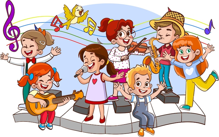 Vecteur enfants chantant et dansant