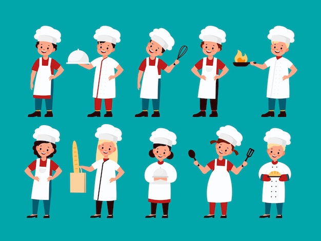 Enfants De Chef. Des Enfants Gastronomiques Heureux Préparent De Délicieux Plats Dans La Cuisine, Un Garçon Et Une Fille De Confiseur Amusants Dans La Collection D'uniformes De Chef, Un Enfant Cuisinant Des Personnages Isolés Plats De Vecteur De Dessin Animé D'école Culinaire