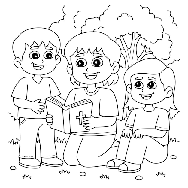 Vecteur enfants chrétiens lisant une page de coloriage de la bible