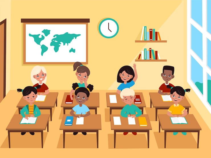 Vecteur enfants en classe. élèves multiculturels garçons et filles assis à des bureaux dans l'apprentissage primaire de la leçon, les enfants étudient le sujet, écrivent et répondent aux questions dans le concept plat de vecteur de dessin animé intérieur de classe d'école
