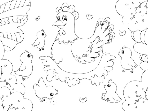 Enfants à Colorier Poule Maman Avec Des Poulets Lignes Noires Fond Blanc Vector