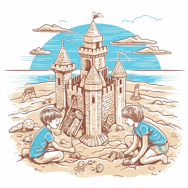 Enfants Construisant Des Châteaux De Sable Complexes Dans Le Bac à Sable Illustration Vectorielle