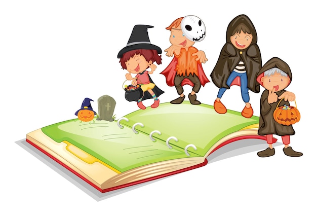 Vecteur enfants en costume d'halloween et un livre