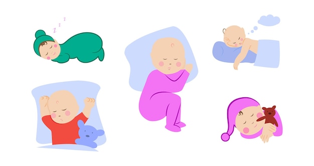 Vecteur enfants couchés sur un oreiller sous une couverture ensemble avec un mignon petit bébé endormi garçon avec ours en peluche dans le lit fille dormant sur le ventre différentes positions de sommeil style croquis illustrations vectorielles