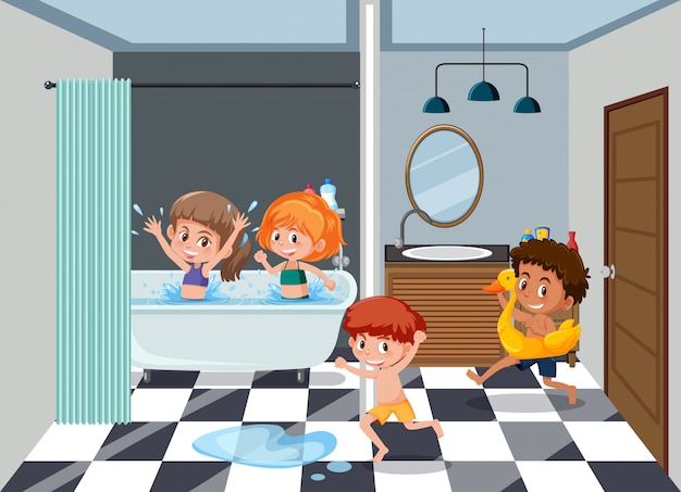 Enfants Dans La Salle De Bain