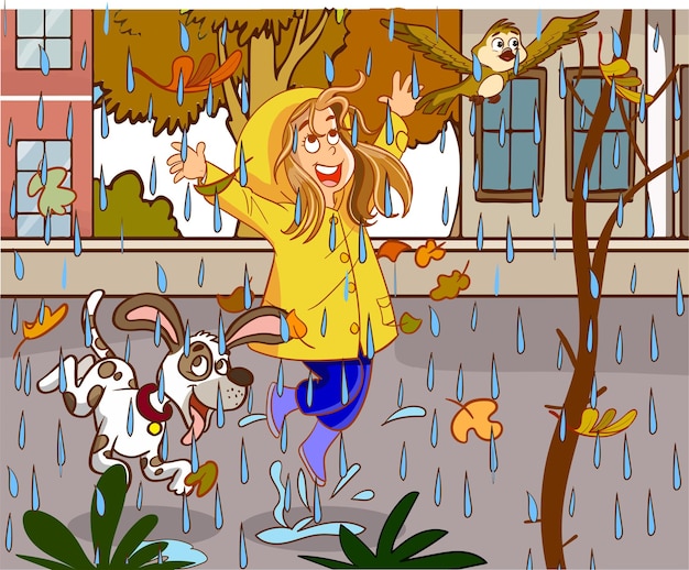 Vecteur enfants dansant sous la pluie vecteur de dessin animé