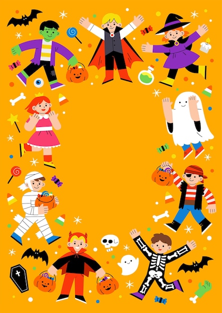 Enfants Déguisés En Halloween Pour Trick Or Treating. Modèle De Brochure Publicitaire. Concept D'halloween Heureux.