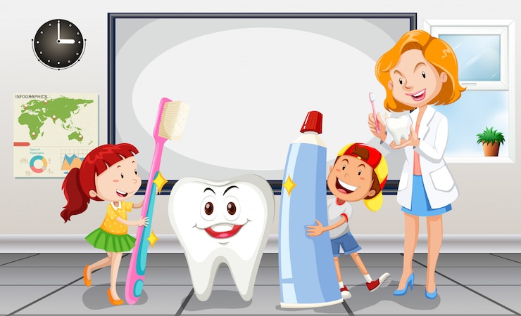 Vecteur enfants et dentiste dans la chambre