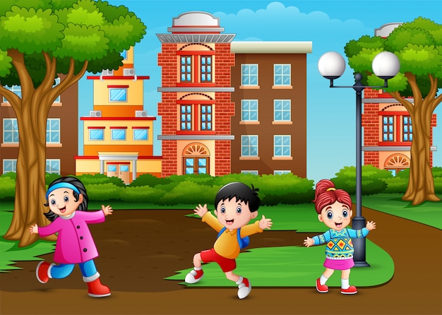 Enfants dessin animé, appréciant dans le parc de la ville