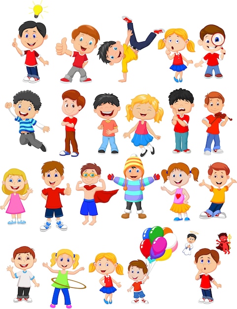 Enfants dessin animé avec différentes pose et expression