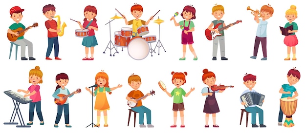 Les Enfants De Dessin Animé Jouent De La Musique. Enfant Talentueux Jouant Sur Instrument De Musique, Cours D'école De Musique. Jeune Chanteur, Jeu D'illustration De Musicien Pour Enfants.