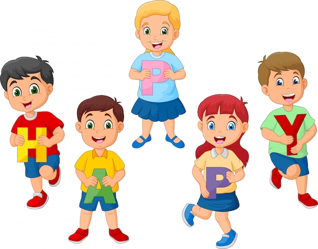 Enfants dessin animé tenant la lettre avec le mot HEUREUX