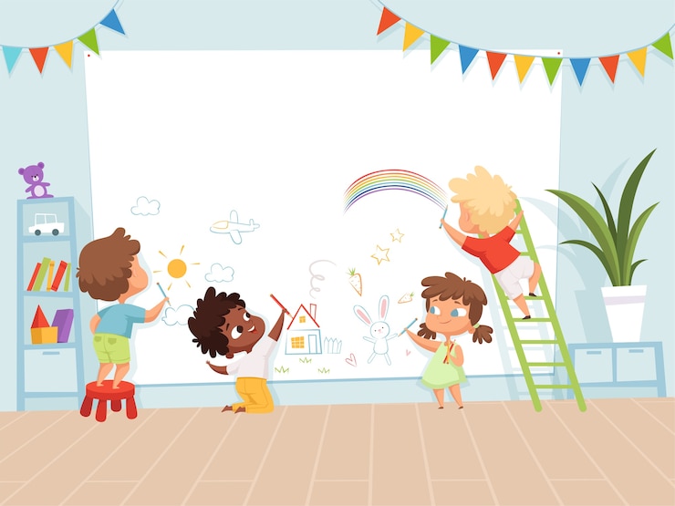 Vecteur enfants dessinant de la peinture. processus d'éducation scolaire pour le fond des enfants de l'image de l'enfance de la créativité. crayon de peinture enfant sur illustration de mur