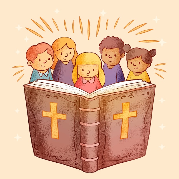 Des Enfants Dessinés à La Main Lisant Une Illustration Biblique