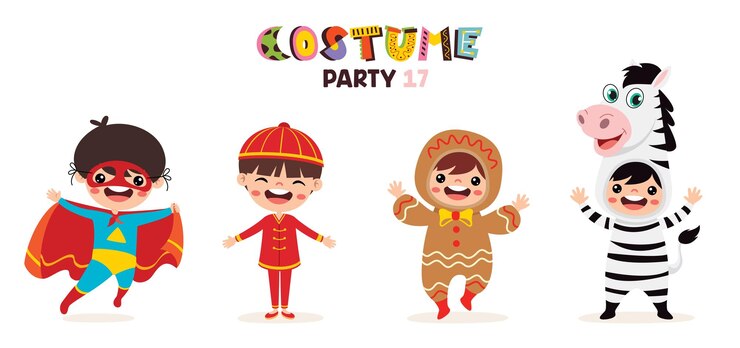 Des enfants de dessins animés portant divers costumes