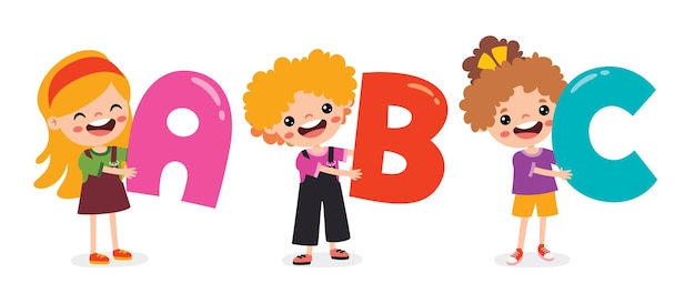 Des Enfants De Dessins Animés Posant Avec Une Lettre De L'alphabet