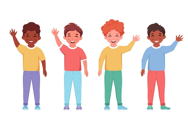 Enfants de différentes nationalités souriant et agitant les mains Élèves du primaire