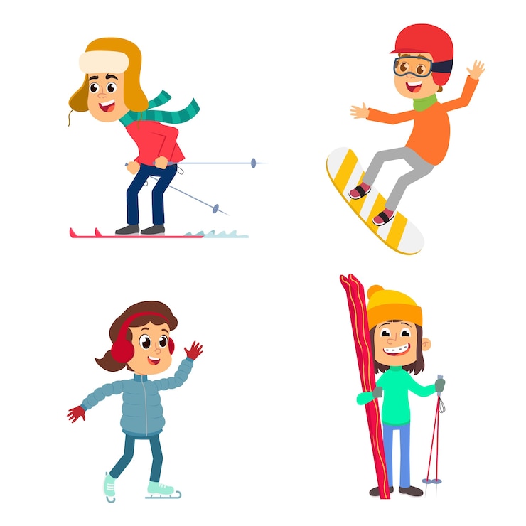 Vecteur les enfants drôles font du ski, du snowboard et du patinage. illustration isolé sur fond blanc.