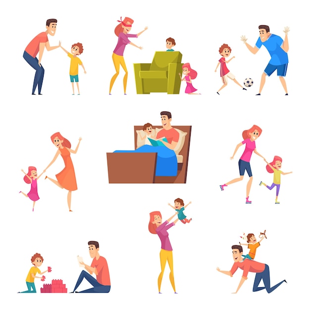 Les enfants du bon temps dans la famille heureuse père mère jouant avec des personnages fils et fille.