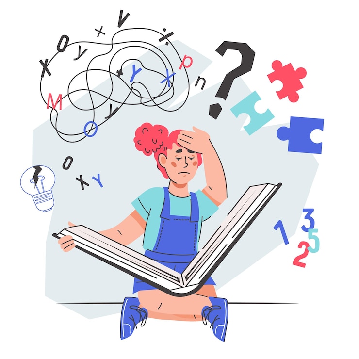 Vecteur les enfants dyslexiques éprouvent des difficultés à étudier et à lire trouble de dyslexie et difficulté à apprendre à lire illustration vectorielle plate isolée sur blanc enfant bouleversé a du stress pendant l'étude