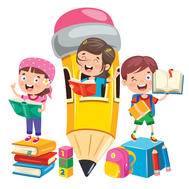 Enfants de l'école de dessin animé mignon heureux