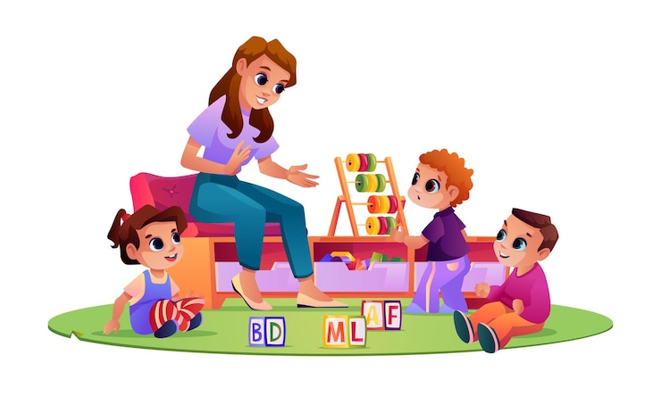 Vecteur enfants et enseignant de maternelle à l'aire de jeux jouant et étudiant enfants écoutant un éducateur