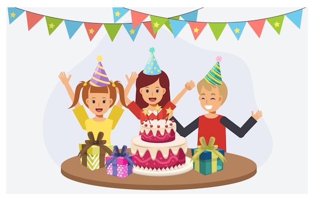 Enfants à La Fête D'anniversaire. Enfants Avec Gâteau D'anniversaire. Joyeux Anniversaire Fête Concept.flat Illustration Vectorielle De Personnage De Dessin Animé.