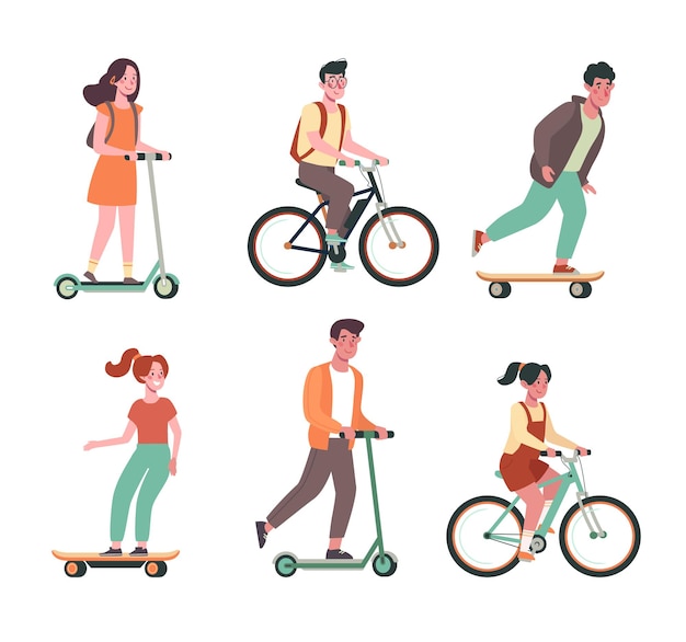 Les Enfants Font Du Vélo Des Planches à Roulettes Des Scooters