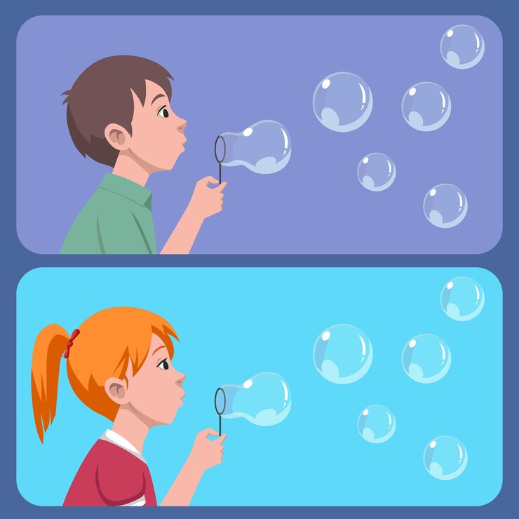 Vecteur enfants garçon et fille jouant avec des bulles de savon