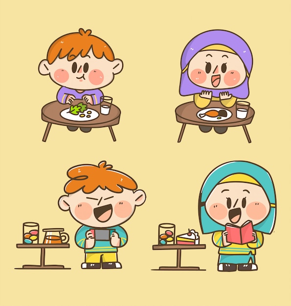 Vecteur les enfants garçon et fille mangent et jouent à la maison doodle sticker illustration
