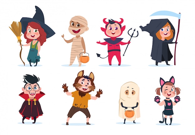 Enfants D'halloween. Enfants Dessin Animé En Costumes D'halloween. Funny Girls And Boys At Party Isolated Charactres