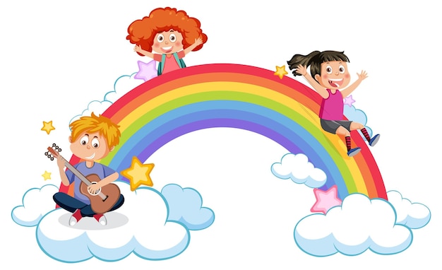 Enfants Heureux Avec Arc-en-ciel