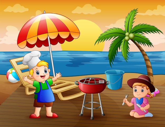 Enfants Heureux Barbecue Sur La Plage En été