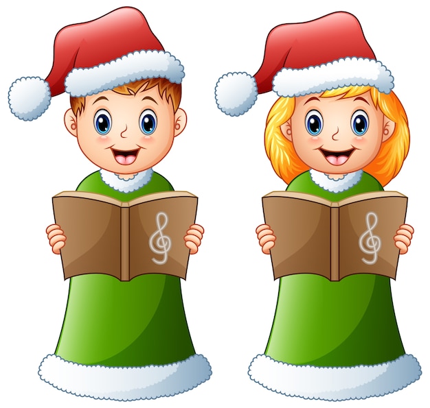 Enfants Heureux En Costume De Santa Vert Chantant Des Chants De Noël