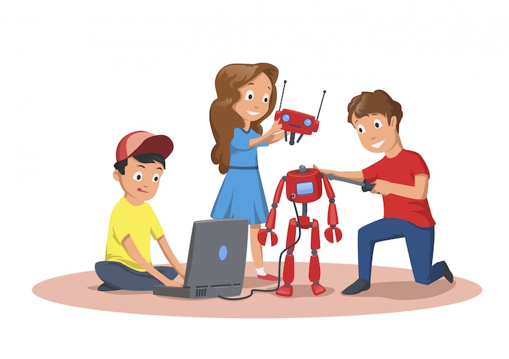 Vecteur des enfants heureux créant et programmant un robot.