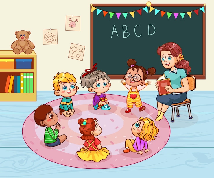 Vecteur enfants heureux écoutant ensemble et apprenant avec leur professeur