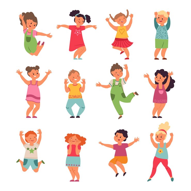 Des enfants heureux. Enfants de dessin animé, garçons de filles de saut d'âge préscolaire. Petites personnes drôles émotionnelles jouant, ensemble de vecteurs d'amis actifs mignons isolés. Illustration de l'émotion de l'enfant, illustration des enfants d'âge préscolaire