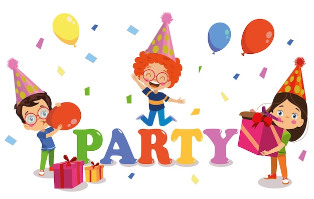 Enfants heureux avec fond de lettrage de fête d'anniversaire