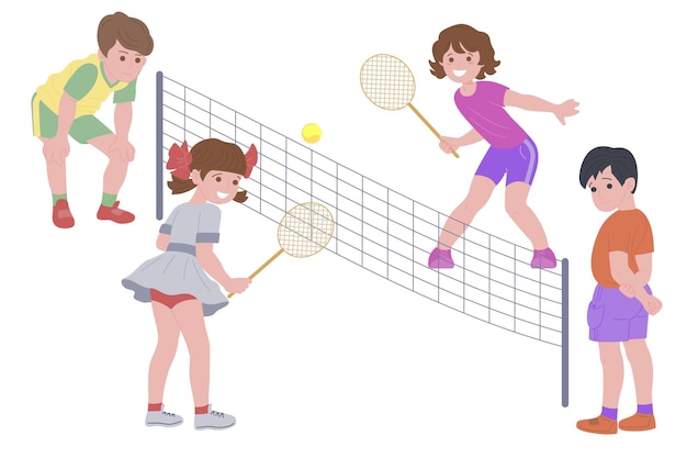 Enfants Heureux Jouant Au Jeu De Sport. Garçon Et Fille Faisant De L'exercice Physique. Enfants Jouant Au Tennis. Enfance Active Et Saine. Illustration De Dessin Animé De Vecteur Plat Isolé Sur Fond Blanc