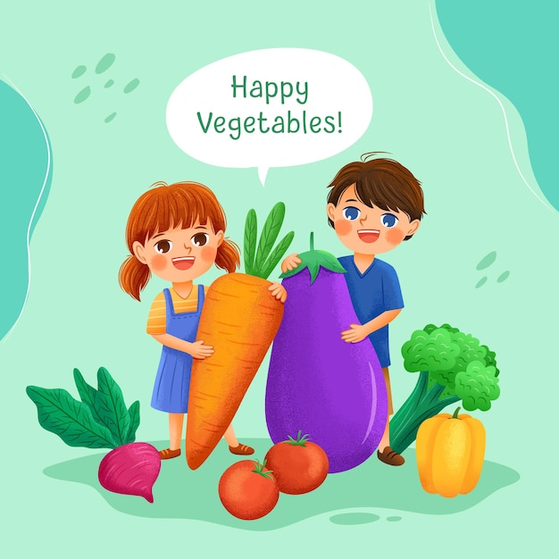 Enfants Heureux Mignons Avec Illustration De Légumes