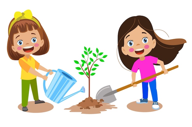 Enfants heureux mignons plantant des jeunes arbres