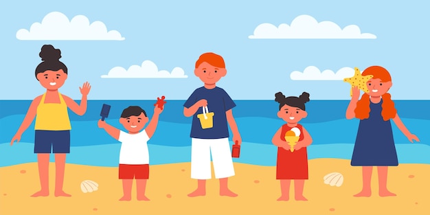 Enfants Heureux Sur La Plage. Personnages Mignons En Vacances. Illustration Vectorielle Dans Un Style Plat.