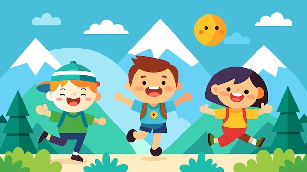 Des enfants heureux en randonnée dans les montagnes par temps ensoleillé