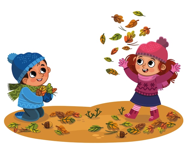 Enfants Heureux S'amusant En Automne Park Vector Illustration