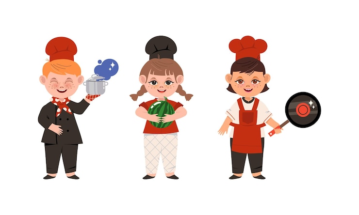 Vecteur des enfants heureux souriants, des chefs en uniforme, des illustrations vectorielles de dessins animés.